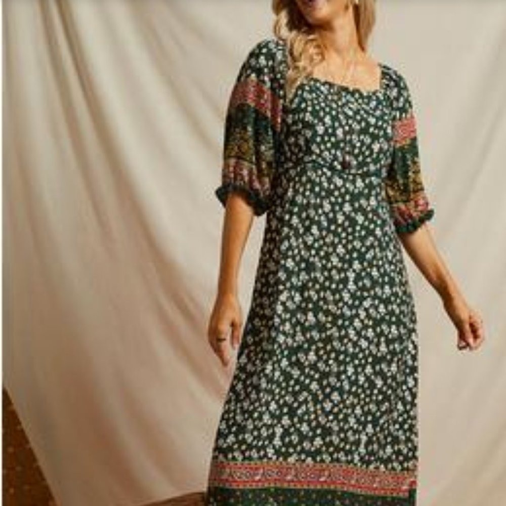 SOLD_ Suzanne Betro Square Neck abstract Midi dress Sz 4x